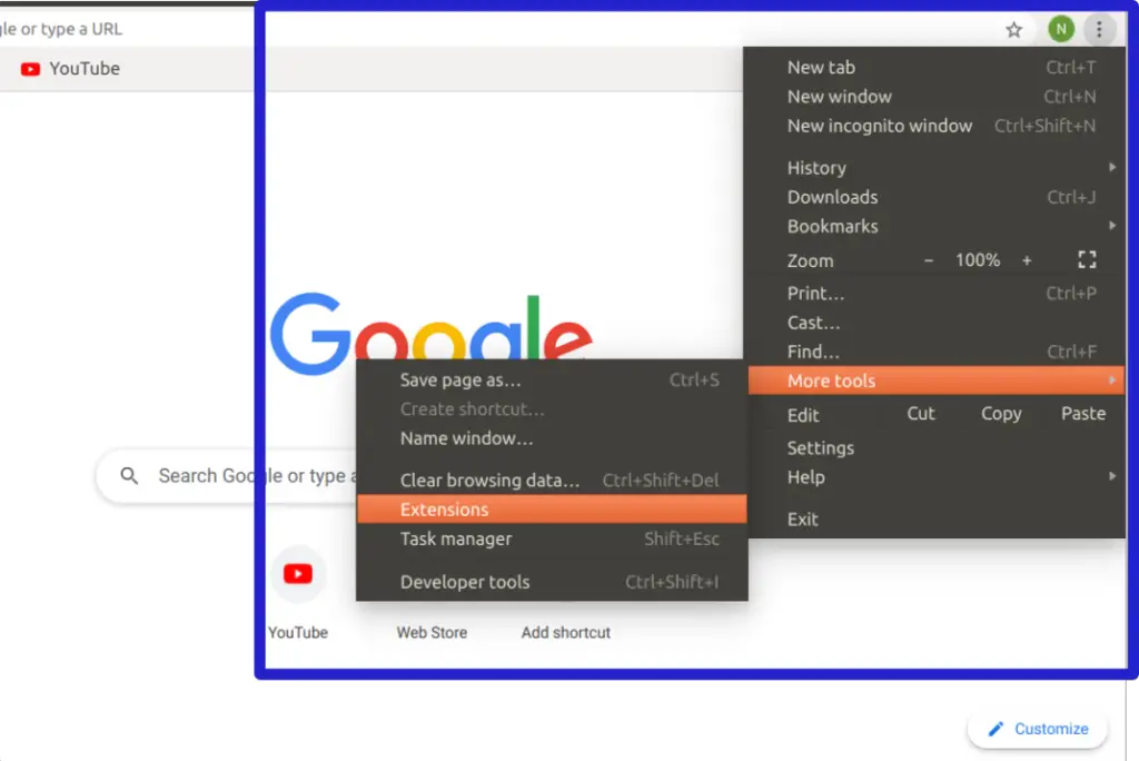Google chrome More tools extensions