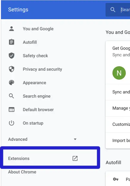 Google chrome extensions butoon in settings page