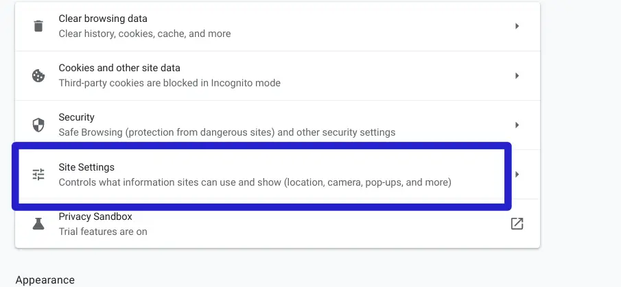 Google chrome site settings