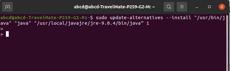 sudo update-alternatives --install "/usr/bin/java" "java" "/usr/local/javajre/jre 9.0.4/bin/java” 1